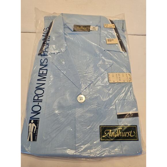 Mens VTG Unused Med Long Andhurst Blue Navy Pajamas Long Sleeve Poly /Cotton NOS - Picture 1 of 7